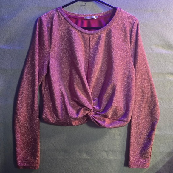 Heart & Hips Tops - Heart & Hips Pink Metallic Glitter Twist Front Crop Top Long Sleeve XL JT30761L